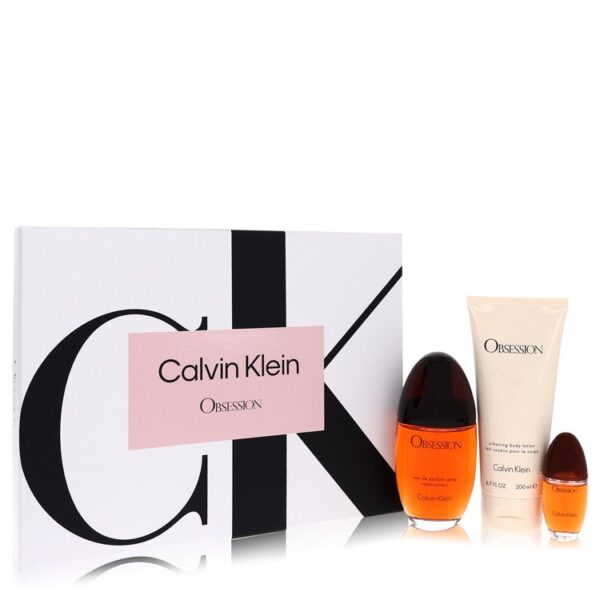 Obsession by Calvin Klein Gift Set -- 3.4 oz Eau De Parfum Spray + 6.7 oz Body Lotion + .5 oz Mini EDP Spray for Women