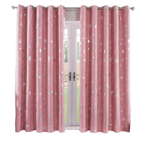 Galaxy Moon Stars Blackout Curtains Pair of Grommet Top Panels Room Darkening Curtains for Nursery Bedroom Kids Printed Silver Metallic Stars Moon   Blush Pink Width 52  x Drop 84