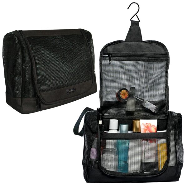 The Fine Living Co. Portable Hanging Shower Caddy Organizer Bag Quick Dry Mesh Shower Caddy Tote Bag Pouch with Metal Hook for Bathroom College Dorm Camp Gym Camping Toiletry Bath (12”x3”x8”)