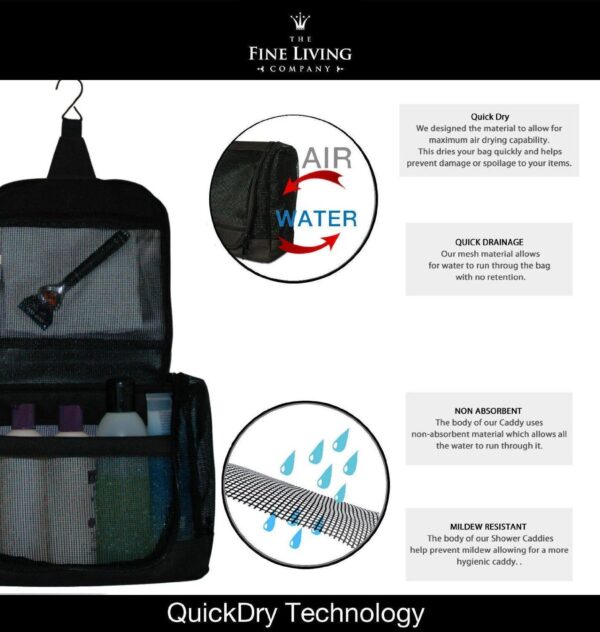 The Fine Living Co. Portable Hanging Shower Caddy Organizer Bag Quick Dry Mesh Shower Caddy Tote Bag Pouch with Metal Hook for Bathroom College Dorm Camp Gym Camping Toiletry Bath (12”x3”x8”) - Image 5