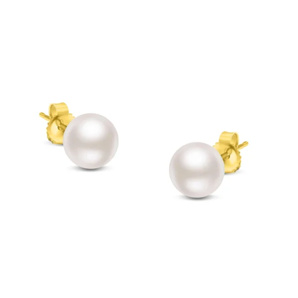 14K Gold Round White Saltwater Akoya Cultured Pearl Stud Earrings AAA+ Quality - Choice of MM Size - Image 2