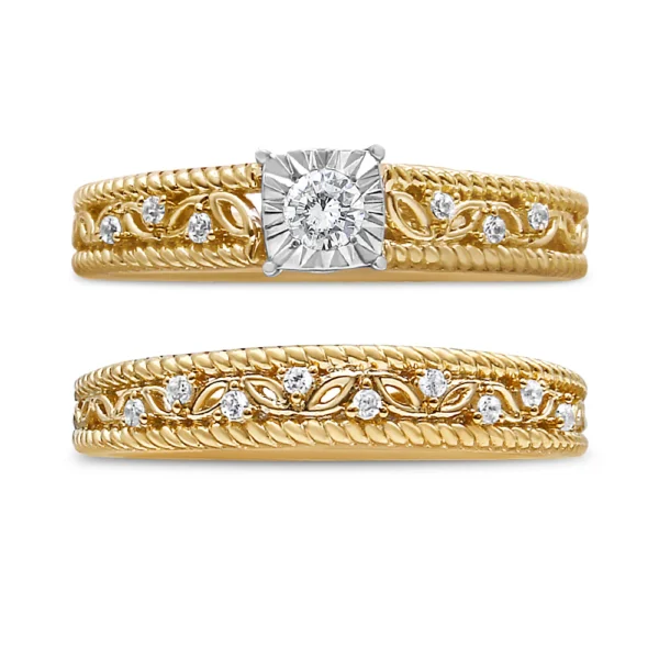 14K Yellow Gold Plated .925 Sterling Silver 1/5 Cttw Diamond Art Deco Style Engagement Ring Bridal Set (I-J Color, I3 Clarity) - Image 2