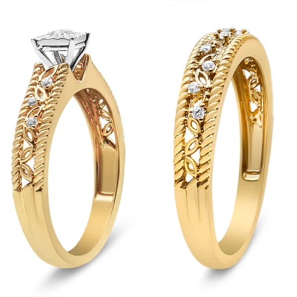 14K Yellow Gold Plated .925 Sterling Silver 1/5 Cttw Diamond Art Deco Style Engagement Ring Bridal Set (I-J Color, I3 Clarity) - Image 4