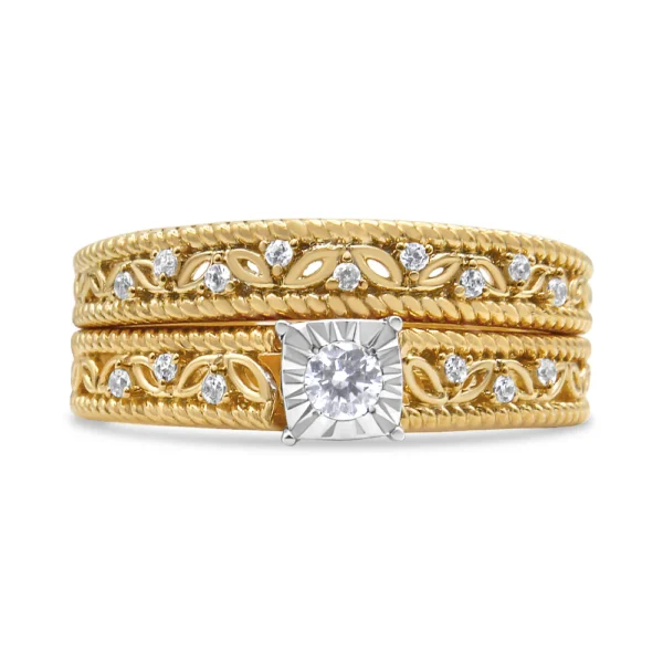 14K Yellow Gold Plated .925 Sterling Silver 1/5 Cttw Diamond Art Deco Style Engagement Ring Bridal Set (I-J Color, I3 Clarity) - Image 5