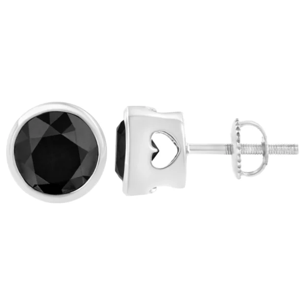 .925 Sterling Silver Round Brilliant-Cut Black Diamond Bezel-Set Stud Earrings with Screw Backs (Fancy Color-Enhanced, I2-I3 Clarity) - Image 4