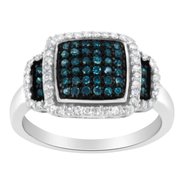 Black Rhodium Plated .925 Sterling Silver 1/2 Cttw White & Blue Diamond Square Halo Cocktail Ring (Fancy Blue & H-I Color, I2-I3 Clarity) - Image 2