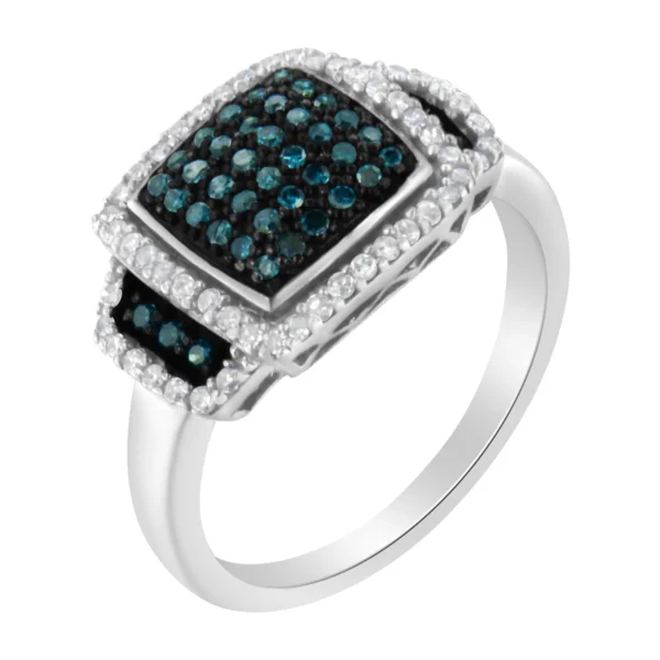 Black Rhodium Plated .925 Sterling Silver 1/2 Cttw White & Blue Diamond Square Halo Cocktail Ring (Fancy Blue & H-I Color, I2-I3 Clarity) - Image 3