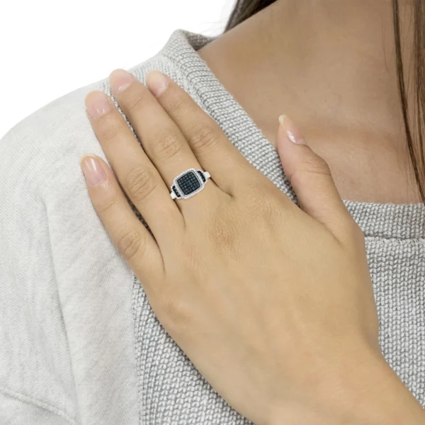 Black Rhodium Plated .925 Sterling Silver 1/2 Cttw White & Blue Diamond Square Halo Cocktail Ring (Fancy Blue & H-I Color, I2-I3 Clarity) - Image 6