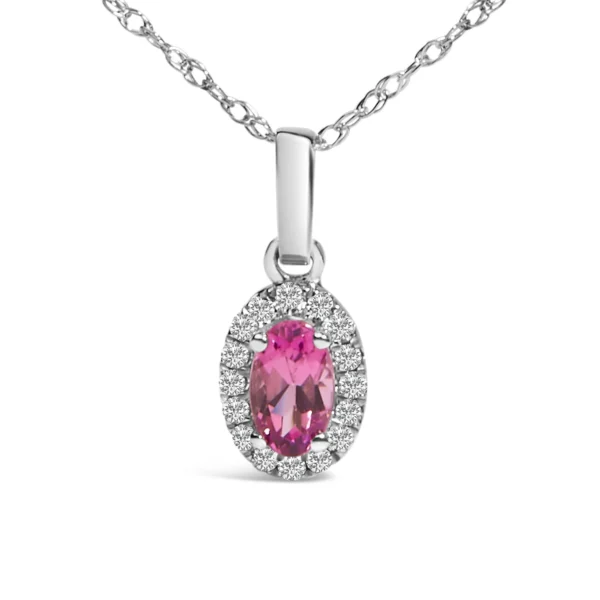 10K White Gold 5x3mm Gemstone and Diamond Accent Halo Oval Shape 18" Pendant Necklace (I-J Color, I1-I2 Clarity) - Image 8