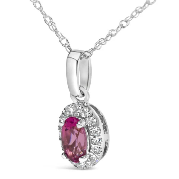 10K White Gold 5x3mm Gemstone and Diamond Accent Halo Oval Shape 18" Pendant Necklace (I-J Color, I1-I2 Clarity) - Image 12