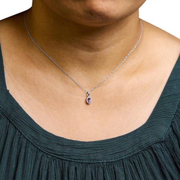 10K White Gold 5x3mm Gemstone and Diamond Accent Halo Oval Shape 18" Pendant Necklace (I-J Color, I1-I2 Clarity) - Image 16