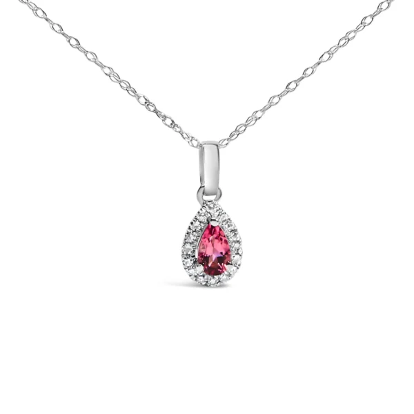 10K White Gold 5x3mm Gemstone and Diamond Accent Halo Pear Shape 18" Pendant Necklace (I-J Color, I1-I2 Clarity) - Image 8