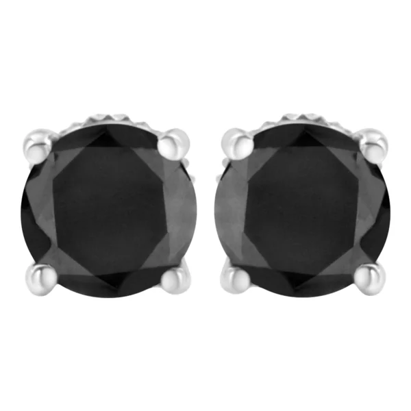 14K White Gold Round Brilliant-Cut Black Diamond Classic 4-Prong Stud Earrings with Screw Backs (Fancy Color-Enhanced, I2-I3 Clarity)
