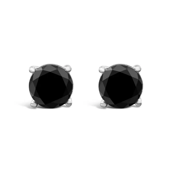 14K White Gold Round Brilliant-Cut Black Diamond Classic 4-Prong Stud Earrings with Screw Backs (Fancy Color-Enhanced, I2-I3 Clarity) - Image 3