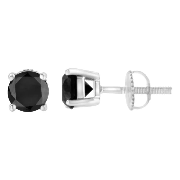 14K White Gold Round Brilliant-Cut Black Diamond Classic 4-Prong Stud Earrings with Screw Backs (Fancy Color-Enhanced, I2-I3 Clarity) - Image 4