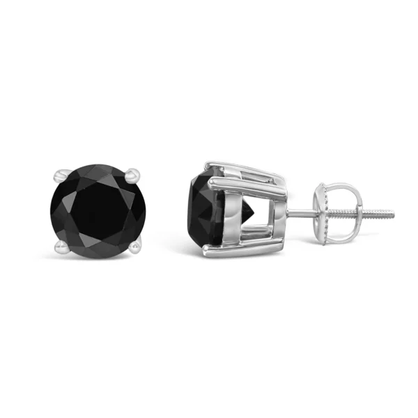 14K White Gold Round Brilliant-Cut Black Diamond Classic 4-Prong Stud Earrings with Screw Backs (Fancy Color-Enhanced, I2-I3 Clarity) - Image 8