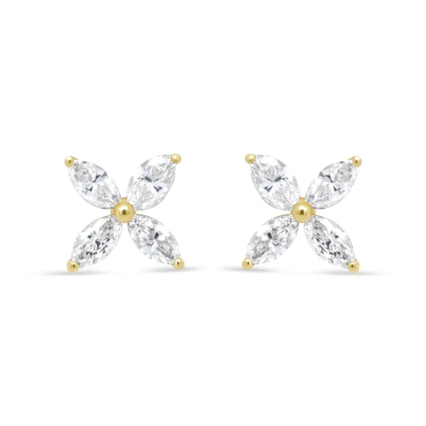 14K Gold Marquise Diamond 8 Stone Floral Leaf Stud Earrings (I-J Color, SI2-I1 Clarity) - Image 3