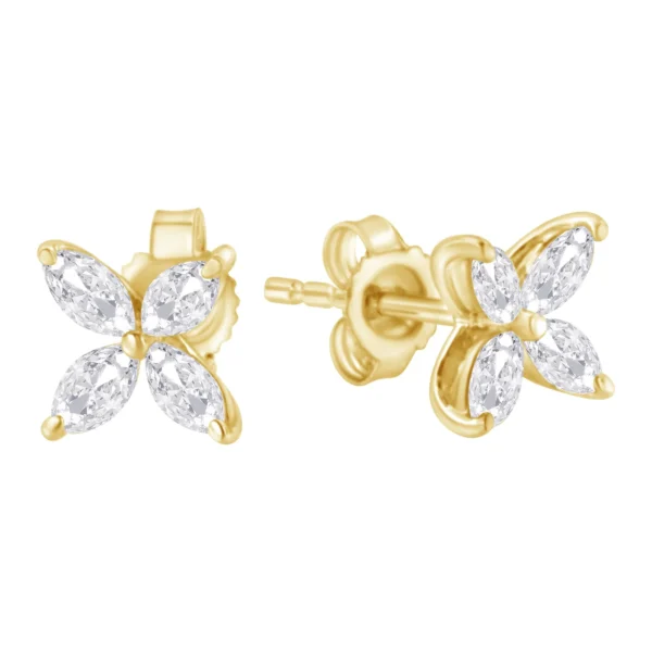 14K Gold Marquise Diamond 8 Stone Floral Leaf Stud Earrings (I-J Color, SI2-I1 Clarity) - Image 5