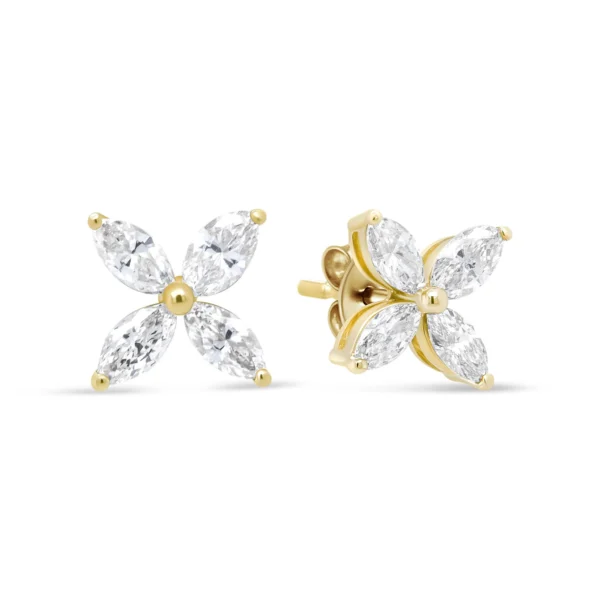 14K Gold Marquise Diamond 8 Stone Floral Leaf Stud Earrings (I-J Color, SI2-I1 Clarity) - Image 6
