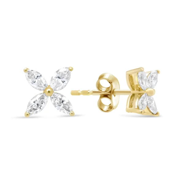 14K Gold Marquise Diamond 8 Stone Floral Leaf Stud Earrings (I-J Color, SI2-I1 Clarity) - Image 9
