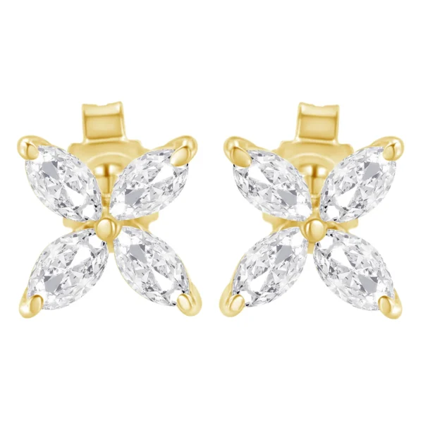 14K Gold Marquise Diamond 8 Stone Floral Leaf Stud Earrings (I-J Color, SI2-I1 Clarity) - Image 11