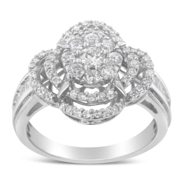 14K White Gold 1.0 Cttw Round & Baguette Cut Diamond Floral Cluster Quatrefoil Channel Set Band Cocktail Statement Ring (H-I Color, SI2-I1 Clarity) - Image 2