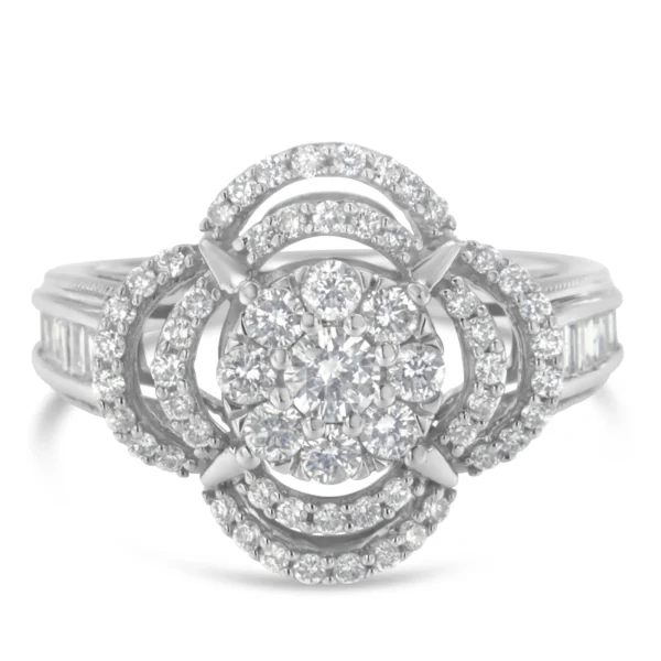 14K White Gold 1.0 Cttw Round & Baguette Cut Diamond Floral Cluster Quatrefoil Channel Set Band Cocktail Statement Ring (H-I Color, SI2-I1 Clarity) - Image 3