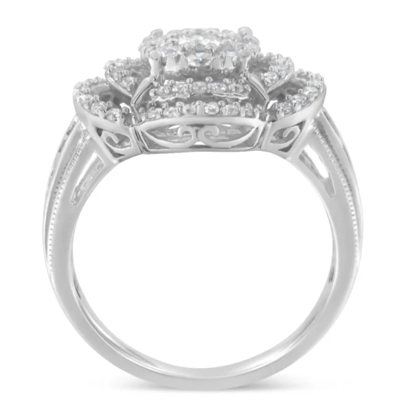 14K White Gold 1.0 Cttw Round & Baguette Cut Diamond Floral Cluster Quatrefoil Channel Set Band Cocktail Statement Ring (H-I Color, SI2-I1 Clarity) - Image 4