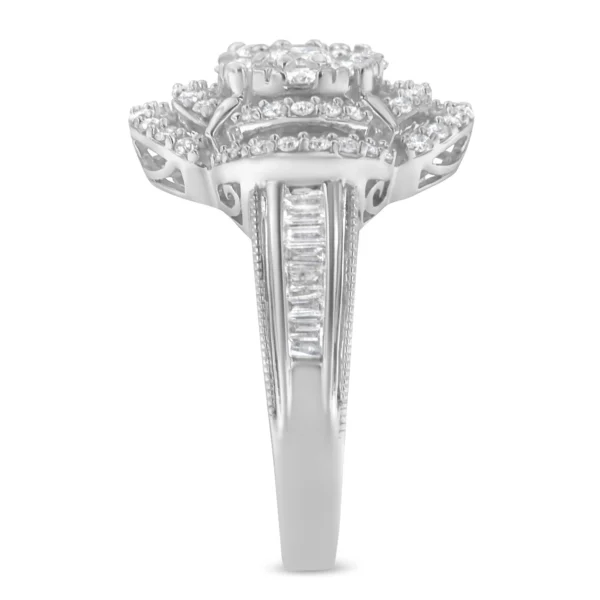 14K White Gold 1.0 Cttw Round & Baguette Cut Diamond Floral Cluster Quatrefoil Channel Set Band Cocktail Statement Ring (H-I Color, SI2-I1 Clarity) - Image 5