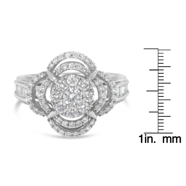 14K White Gold 1.0 Cttw Round & Baguette Cut Diamond Floral Cluster Quatrefoil Channel Set Band Cocktail Statement Ring (H-I Color, SI2-I1 Clarity) - Image 7