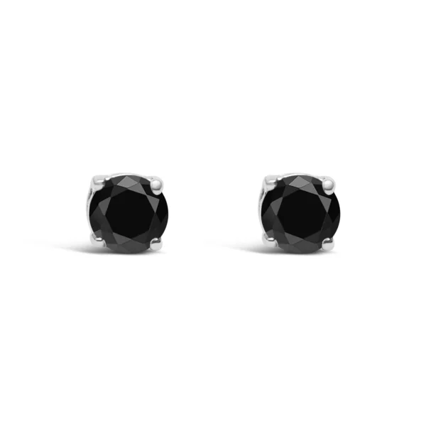 .925 Sterling Silver Black Diamond Solitaire Stud Earrings (Black Color, I2-I3 Clarity) - Image 2