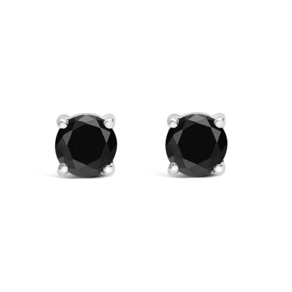 .925 Sterling Silver Black Diamond Solitaire Stud Earrings (Black Color, I2-I3 Clarity) - Image 3