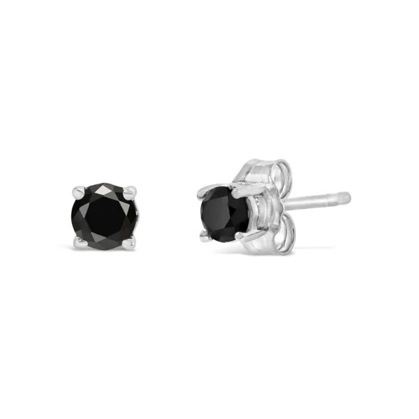 .925 Sterling Silver Black Diamond Solitaire Stud Earrings (Black Color, I2-I3 Clarity) - Image 4