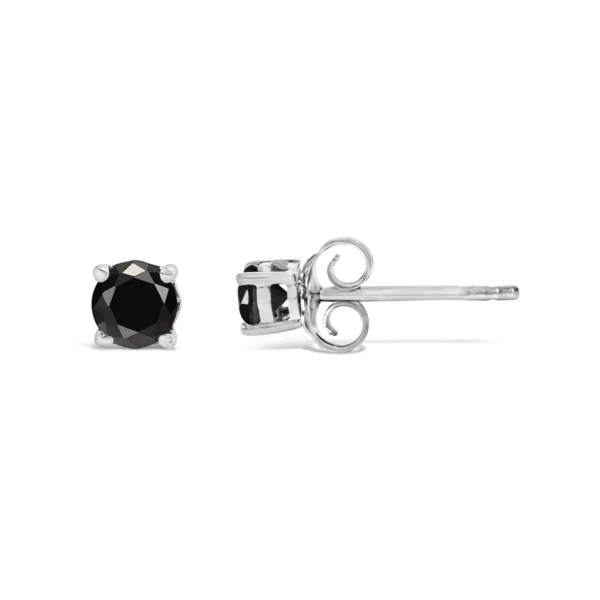 .925 Sterling Silver Black Diamond Solitaire Stud Earrings (Black Color, I2-I3 Clarity) - Image 7