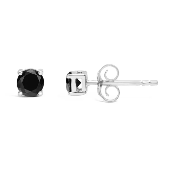 .925 Sterling Silver Black Diamond Solitaire Stud Earrings (Black Color, I2-I3 Clarity) - Image 9