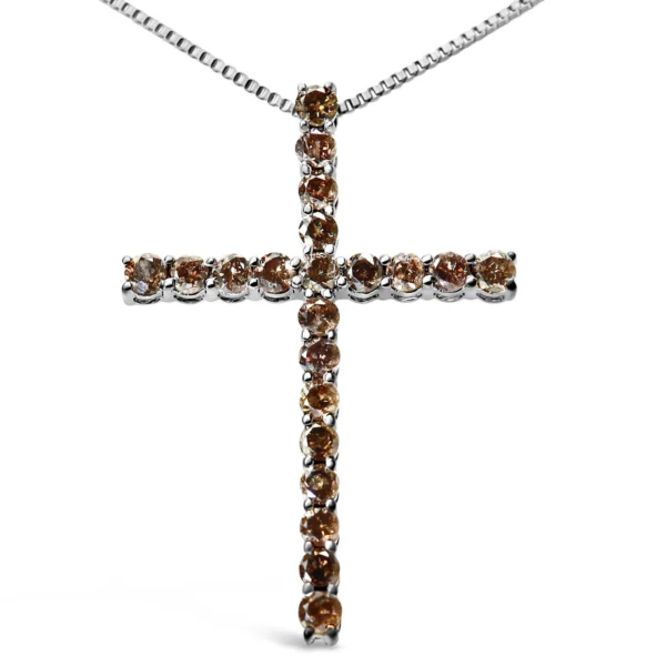 .925 Sterling Silver 1.0 Cttw Champagne Diamond Gold Cross Pendant Necklace for Women (Champagne Color, I1-I2 Clarity)- 18 inch - Image 2