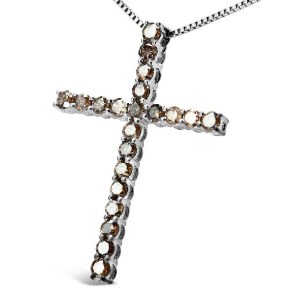 .925 Sterling Silver 1.0 Cttw Champagne Diamond Gold Cross Pendant Necklace for Women (Champagne Color, I1-I2 Clarity)- 18 inch - Image 5