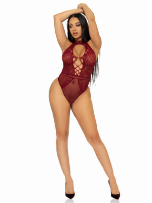 Net and Lace Keyhole Halter Bodysuit - One Size
