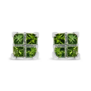 .925 Sterling Silver Treated Green Princess-cut Diamond 4 Stone Composite Quad Stud Earring (Green Color, I1-I2 Clarity)