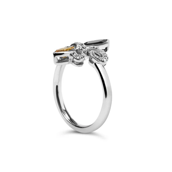 .925 Sterling Silver Black Onyx and Yellow Citrine Marquise and Diamond Accent Fleur De Lis Ring (H-I Color, SI1-SI2 Clarity) - Image 4