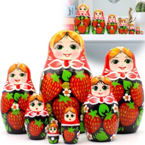 AEVVV Russian Nesting Dolls Set of 7 pcs   Russian Doll with Red Head Scarf and Strawberry Dress   Handmade and Hand Painted Matryoshka Nesting Dolls