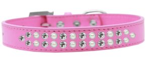Two Row Pearl And Clear Crystal Size 14 Bright Pink Dog Collar