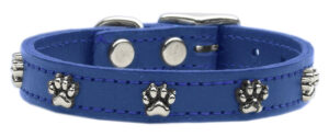 Paw Leather Dog Collar Blue 16