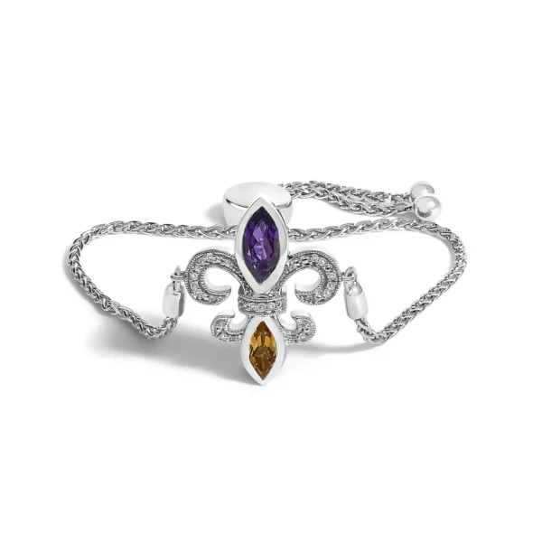 .925 Sterling Silver Marquise Purple Amethyst, Orange Citrine, and Diamond Accent Lariat 4”-10” Fleur De Lis Adjustable Bolo Bracelet (I-J Color, I1-I2 Clarity)