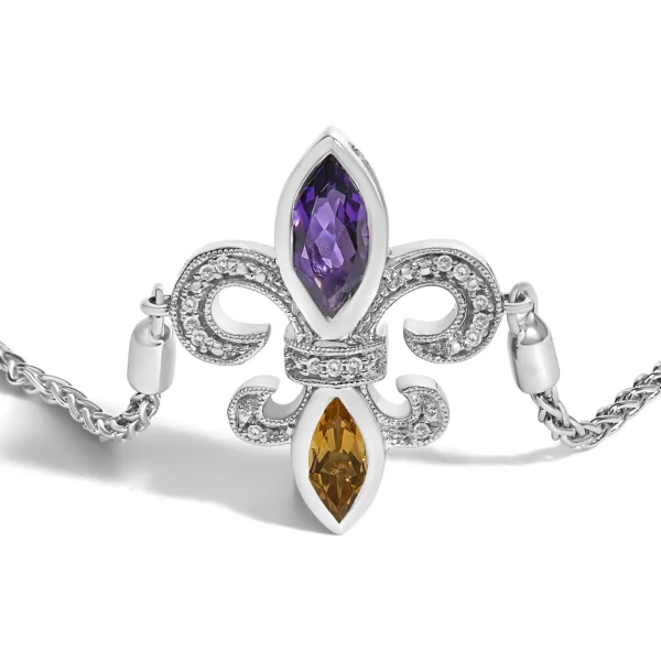 .925 Sterling Silver Marquise Purple Amethyst, Orange Citrine, and Diamond Accent Lariat 4”-10” Fleur De Lis Adjustable Bolo Bracelet (I-J Color, I1-I2 Clarity) - Image 2