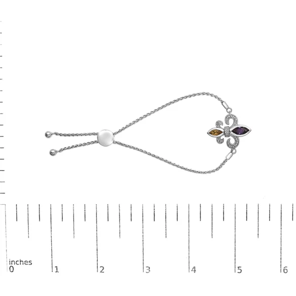 .925 Sterling Silver Marquise Purple Amethyst, Orange Citrine, and Diamond Accent Lariat 4”-10” Fleur De Lis Adjustable Bolo Bracelet (I-J Color, I1-I2 Clarity) - Image 5