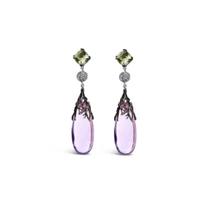 14K White Gold 1/4 Cttw Diamond and 30mm Cabochon-Cut Purple Amethyst and Green Quartz Drop Earrings with Black Oxidized Accents (F-G Color, VS1-VS2 Clarity)