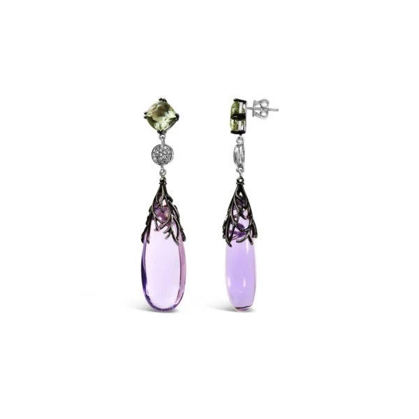 14K White Gold 1/4 Cttw Diamond and 30mm Cabochon-Cut Purple Amethyst and Green Quartz Drop Earrings with Black Oxidized Accents (F-G Color, VS1-VS2 Clarity) - Image 2