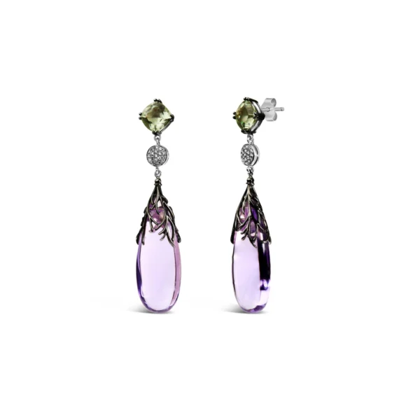 14K White Gold 1/4 Cttw Diamond and 30mm Cabochon-Cut Purple Amethyst and Green Quartz Drop Earrings with Black Oxidized Accents (F-G Color, VS1-VS2 Clarity) - Image 3