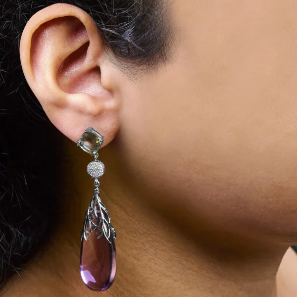 14K White Gold 1/4 Cttw Diamond and 30mm Cabochon-Cut Purple Amethyst and Green Quartz Drop Earrings with Black Oxidized Accents (F-G Color, VS1-VS2 Clarity) - Image 4